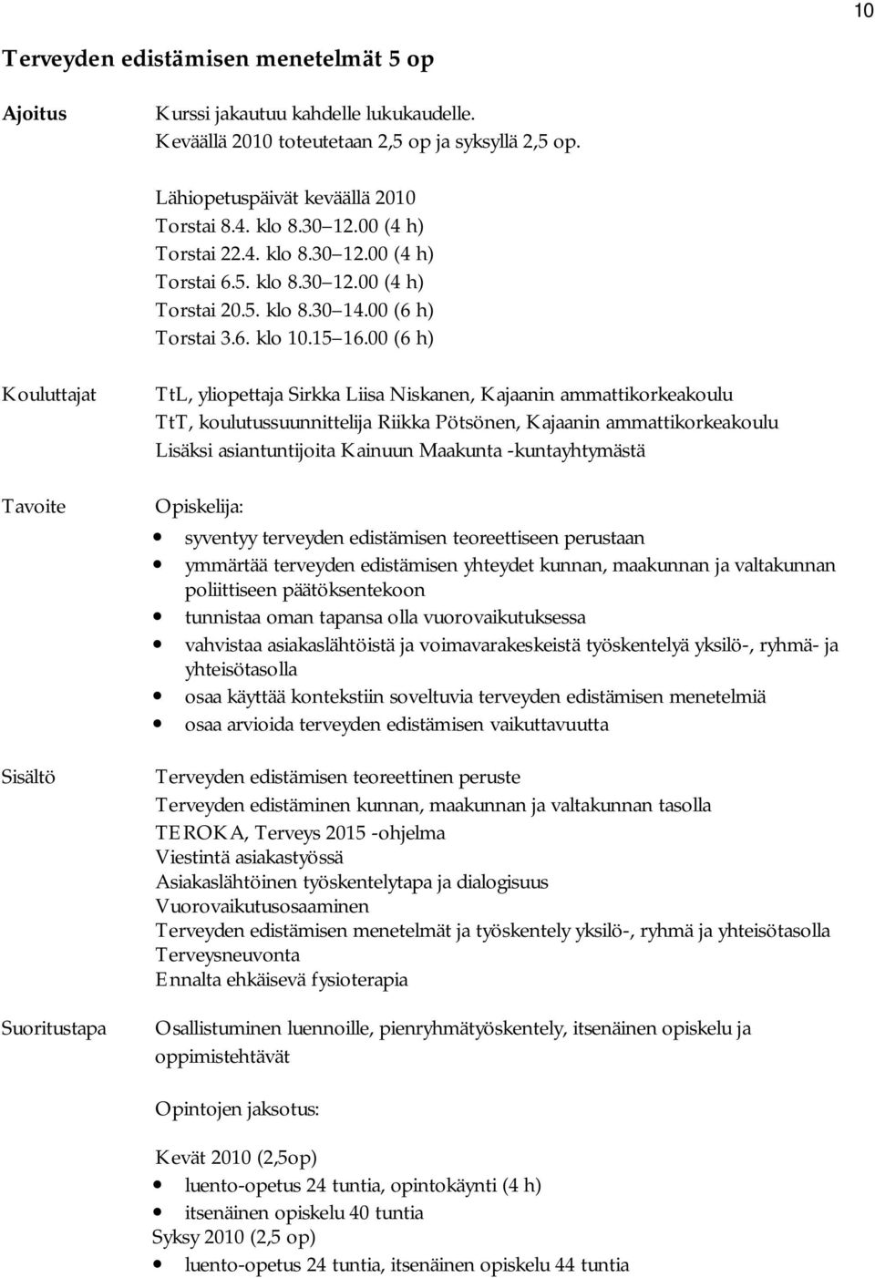 00 (6 h) Kouluttajat Tavoite Sisältö TtL, yliopettaja Sirkka Liisa Niskanen, Kajaanin ammattikorkeakoulu TtT, koulutussuunnittelija Riikka Pötsönen, Kajaanin ammattikorkeakoulu Lisäksi