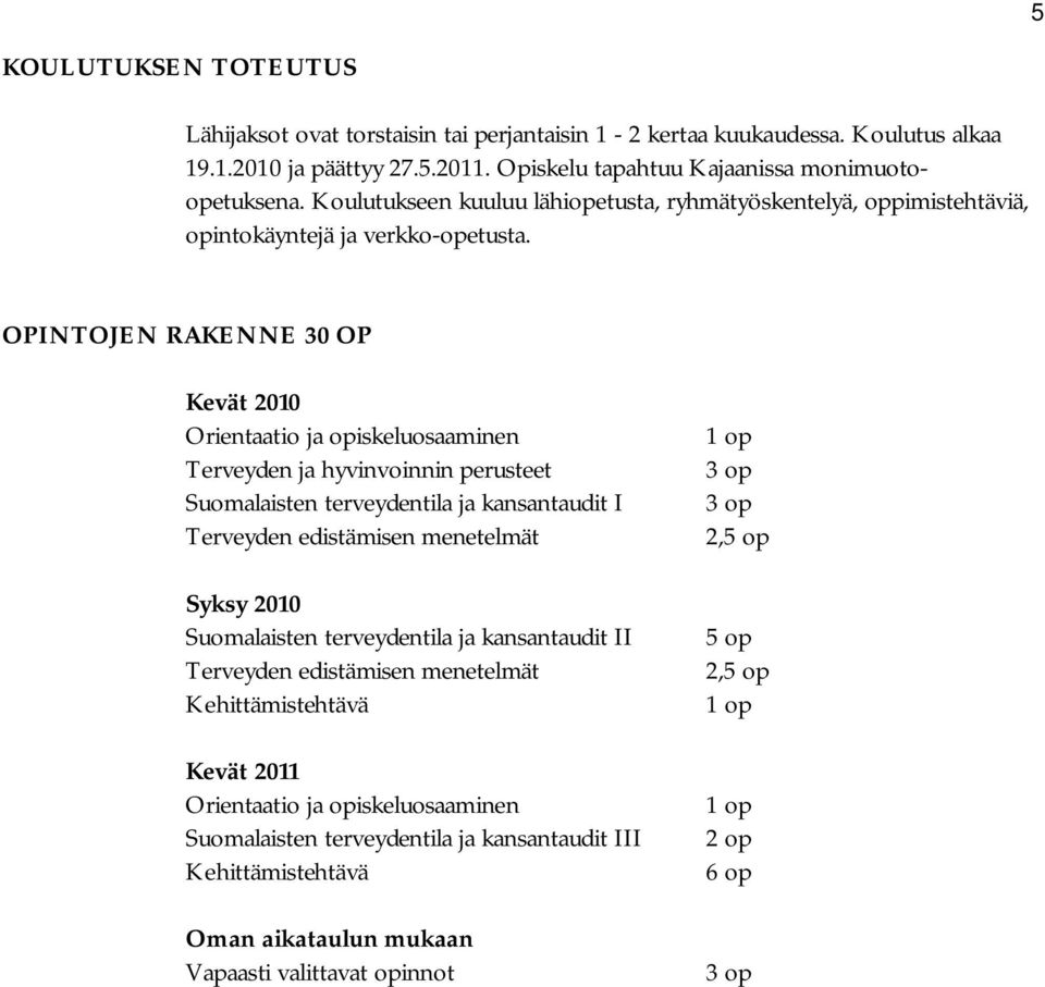 OPINTOJEN RAKENNE 30 OP Kevät 2010 Orientaatio ja opiskeluosaaminen Terveyden ja hyvinvoinnin perusteet Suomalaisten terveydentila ja kansantaudit I Terveyden edistämisen menetelmät Syksy 2010