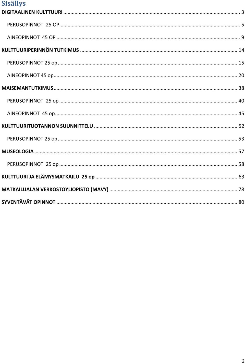 .. 40 AINEOPINNOT 45 op... 45 KULTTUURITUOTANNON SUUNNITTELU... 52 PERUSOPINNOT 25 op... 53 MUSEOLOGIA.