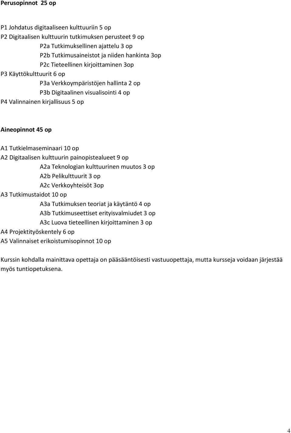 Tutkielmaseminaari 10 op A2 Digitaalisen kulttuurin painopistealueet 9 op A2a Teknologian kulttuurinen muutos 3 op A2b Pelikulttuurit 3 op A2c Verkkoyhteisöt 3op A3 Tutkimustaidot 10 op A3a