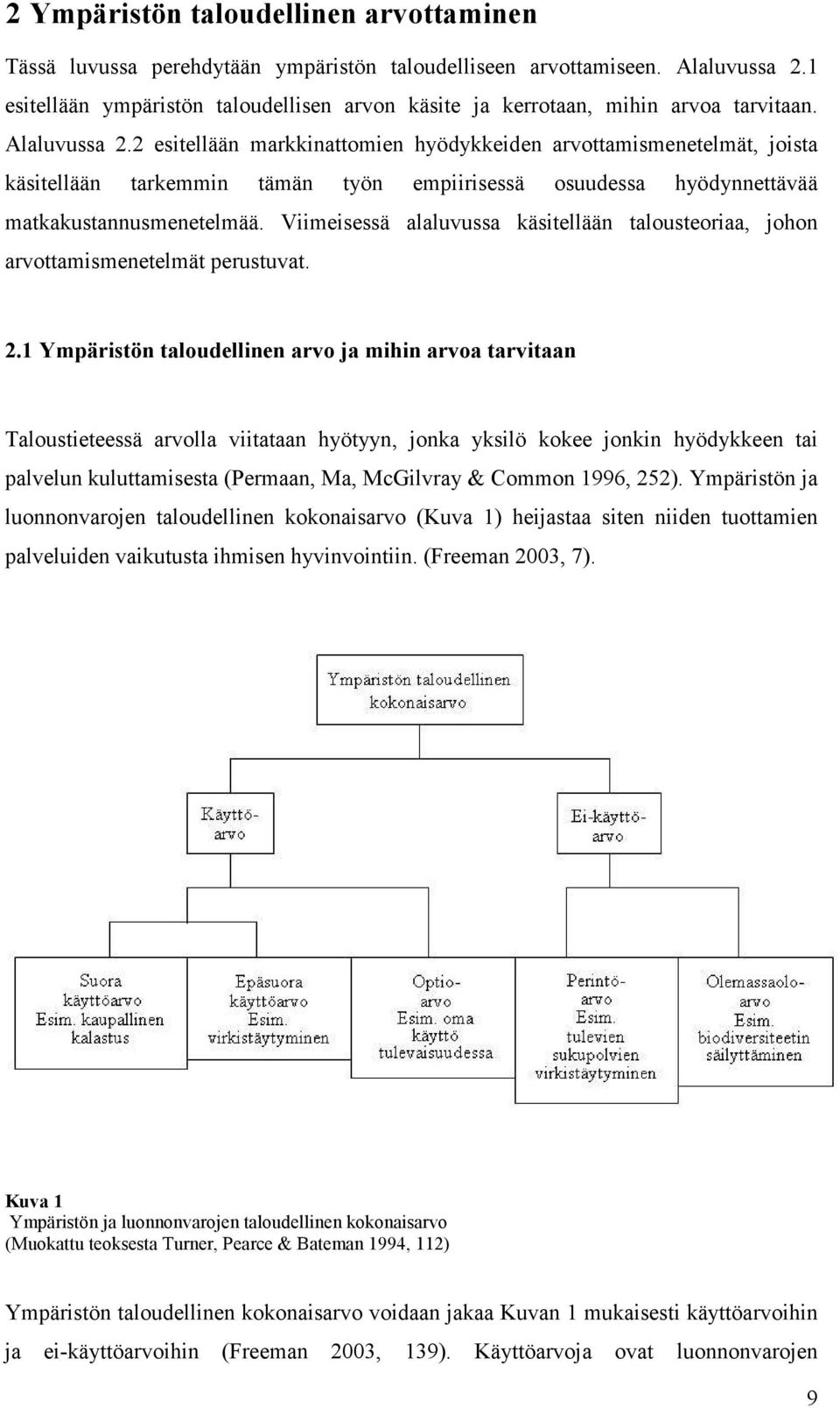 2 esitellään markkinattomien hyödykkeiden arvottamismenetelmät, joista käsitellään tarkemmin tämän työn empiirisessä osuudessa hyödynnettävää matkakustannusmenetelmää.