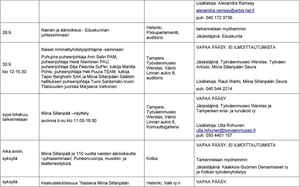 30 Puhujina puheenjohtaja Ann Selin PAM, puheenjohtaja Heidi Nieminen PAU, puheenjohtaja Silja Paavola SuPer, tutkija Maritta Pohls, puheenjohtaja Heli Puura TEAM, tutkija Tapio Bergholm SAK ja Miina
