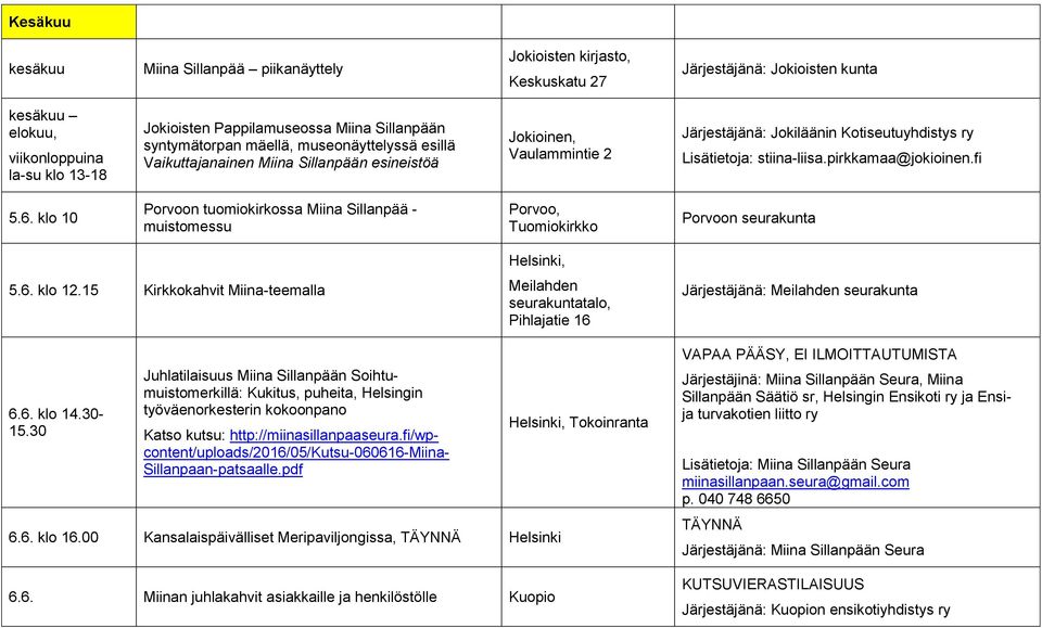 pirkkamaa@jokioinen.fi 5.6. klo 10 Porvoon tuomiokirkossa Miina Sillanpää - muistomessu Porvoo, Tuomiokirkko Porvoon seurakunta 5.6. klo 12.