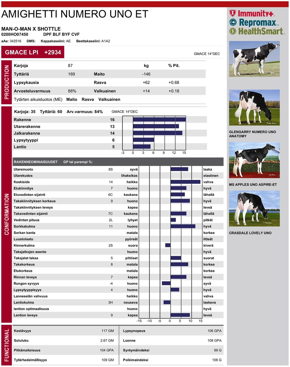 varmuus: 84% GMACE 14*DEC Rakenne 16 Utarerakenne 13 Jalkarakenne 14 Lypsytyyppi 6 Lantio 5 RAKENNEOMINAISUUDET GP tai parempi %: GLENGARRY NUMERO UNO ANATOMY Utaremuoto 8S syvä laaka Utarekudos