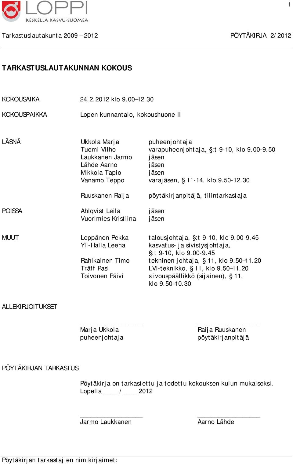 30 POISSA Ruuskanen Raija Ahlqvist Leila Vuorimies Kristiina pöytäkirjanpitäjä, tilintarkastaja jäsen jäsen MUUT Leppänen Pekka talousjohtaja, :t 9-10, klo 9.00-9.