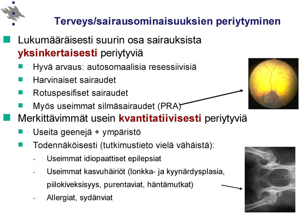 usein kvantitatiivisesti periytyviä Useita geenejä + ympäristö Todennäköisesti (tutkimustieto vielä vähäistä): - Useimmat