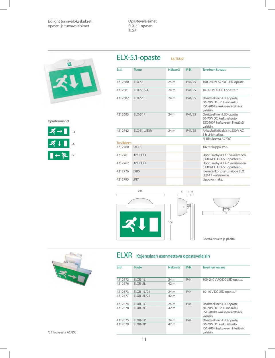 ESC-200P keskukseen liitettävä Akkuyksikkövalaisin,, 3 h Li-ion akku. *) Tilauksesta AC/DC 215 Tiivistelaippa IP55.