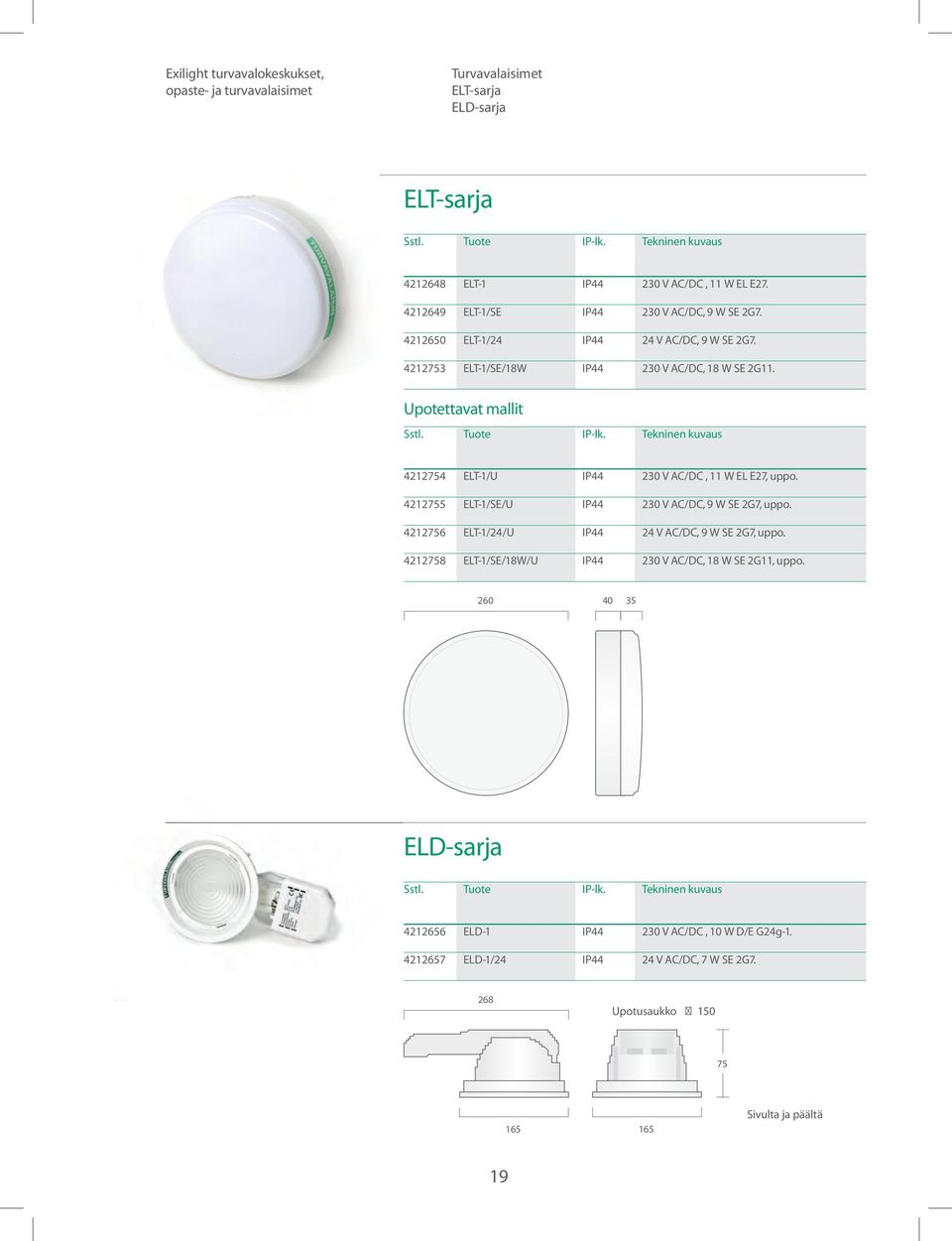 4212755 ELT-1/SE/U /DC, 9 W SE 2G7, uppo. 4212756 ELT-1/24/U 24 V AC/DC, 9 W SE 2G7, uppo. 4212758 ELT-1/SE/18W/U /DC, 18 W SE 2G11, uppo.