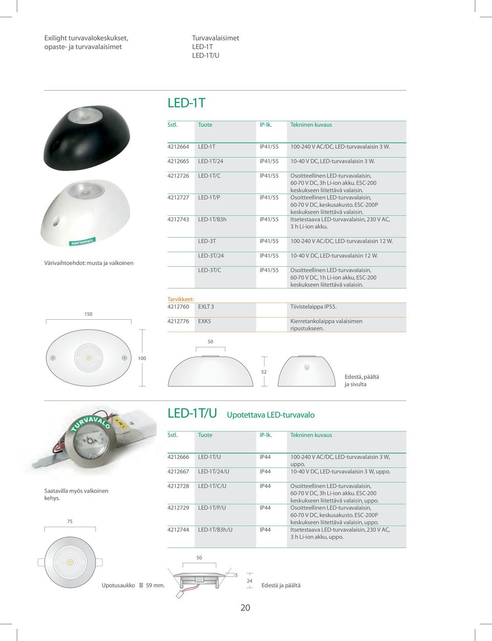 ESC-200 keskukseen liitettävä Osoitteellinen LED-turvavalaisin, 60-70 V DC, keskusakusto. ESC-200P keskukseen liitettävä Itsetestaava LED-turvavalaisin,, 3 h Li-ion akku.