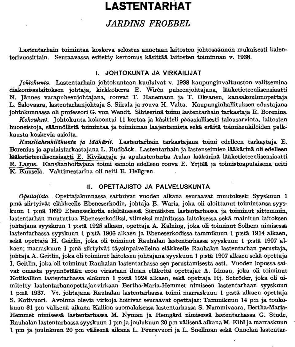 Wirlm puheenjohtajana, lääketieteen lisensiaatti N. Jännes varapuheenjohtajana, rouvat T. Hanemann ja T. Oksanen, kansakoulunopettaja L. Salovaara, lastentarhanjohtaja S. Siirala ja rouva H. Valta.