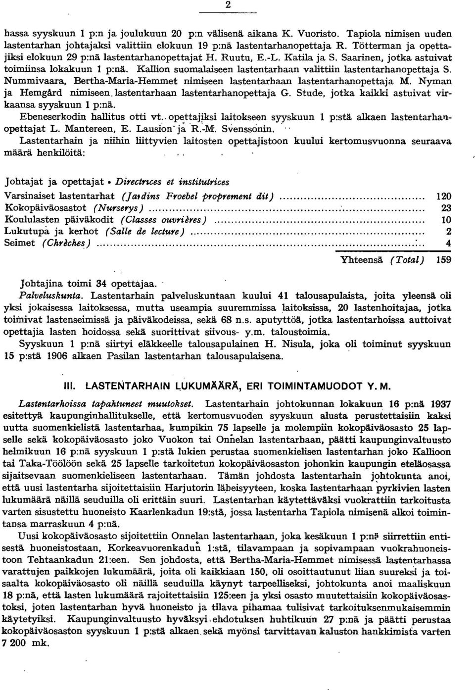 Kallion suomalaiseen lastentarhaan valittiin lastentarhanopettaja S. Nummivaara, Bertha-Maria-Hemmet nimiseen lastentarhaan lastentarhanopettaja M. Nyman ja Hemgård nimiseen.