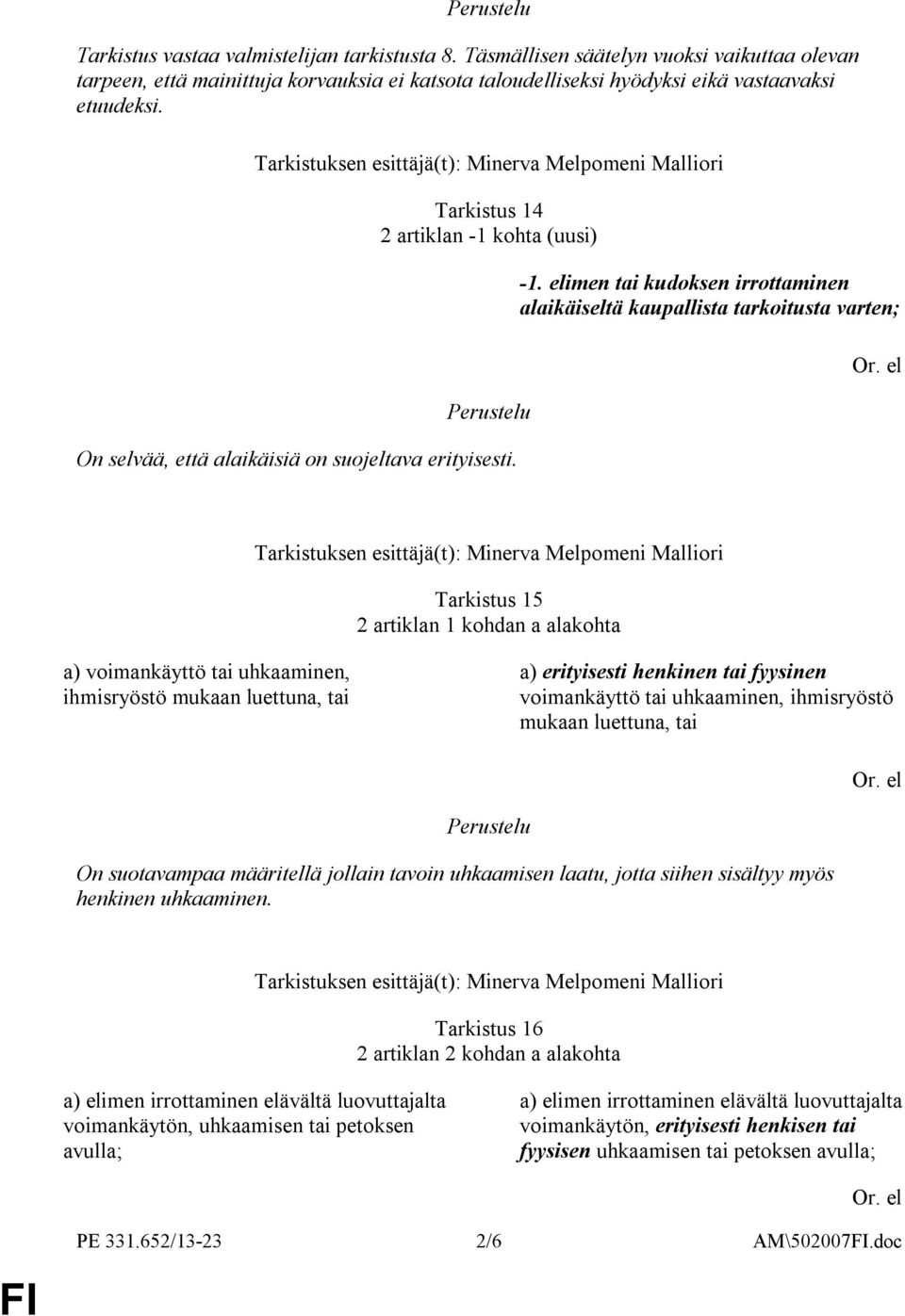 el Tarkistuksen esittäjä(t): Minerva Melpomeni Malliori Tarkistus 15 2 artiklan 1 kohdan a alakohta a) voimankäyttö tai uhkaaminen, ihmisryöstö mukaan luettuna, tai a) erityisesti henkinen tai