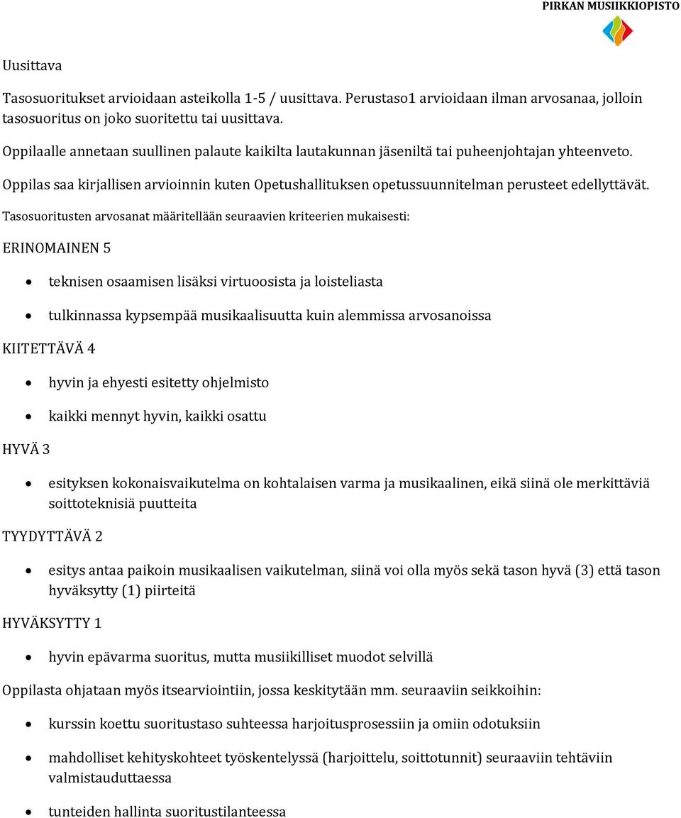 Oppilas saa kirjallisen arvioinnin kuten Opetushallituksen opetussuunnitelman perusteet edellyttävät.