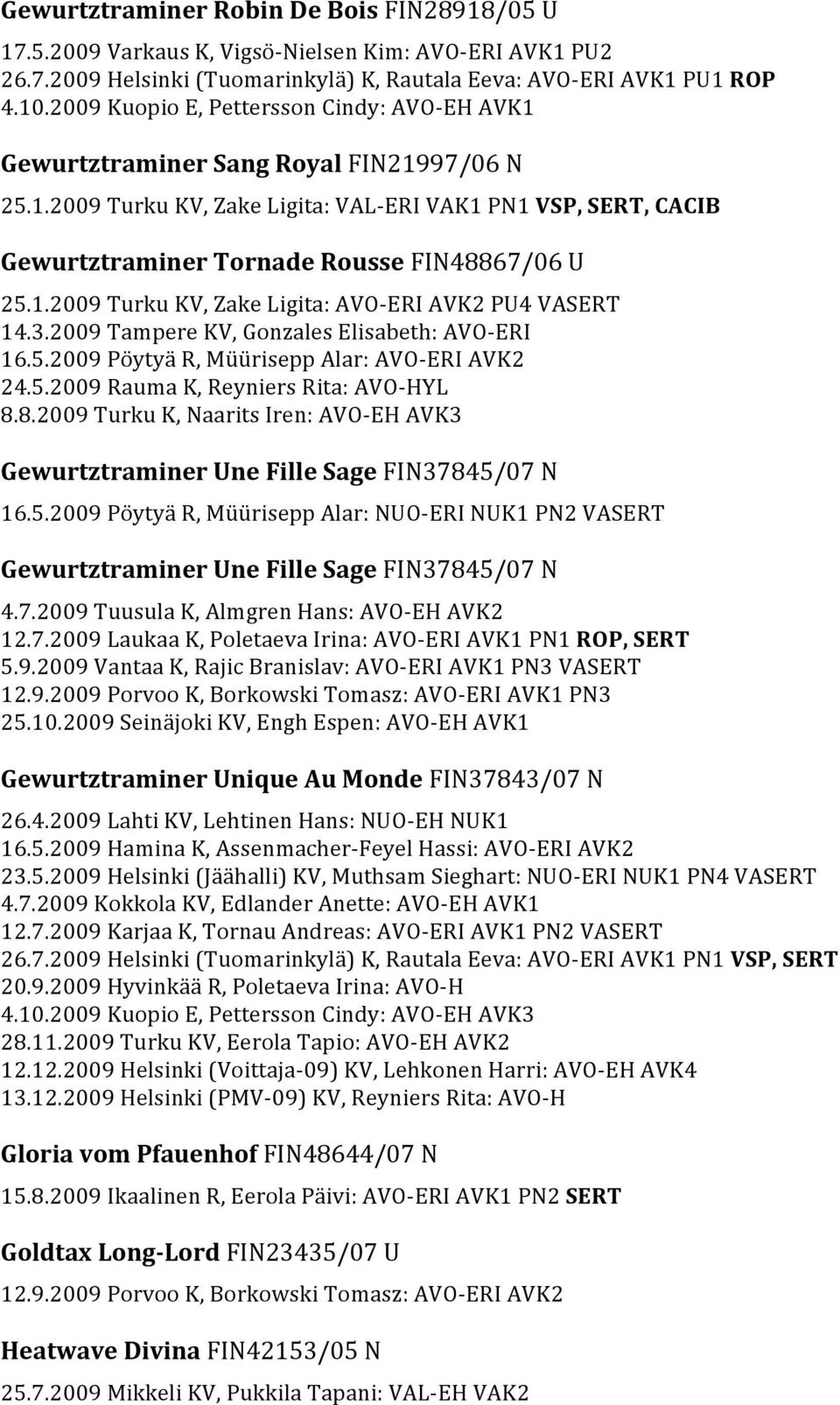 1.2009 Turku KV, Zake Ligita: AVO-ü0à2 \ERI AVK2 PU4 VASERT 14.3.2009 Tampere KV, Gonzales Elisabeth: AVO-ü0à2 \ERI 16.5.2009 Pü0ï2ytyü0è1 R, M risepp Alar: AVO-ü0à2 \ERI AVK2 24.5.2009 Rauma K, Reyniers Rita: AVO-ü0à2 \HYL 8.