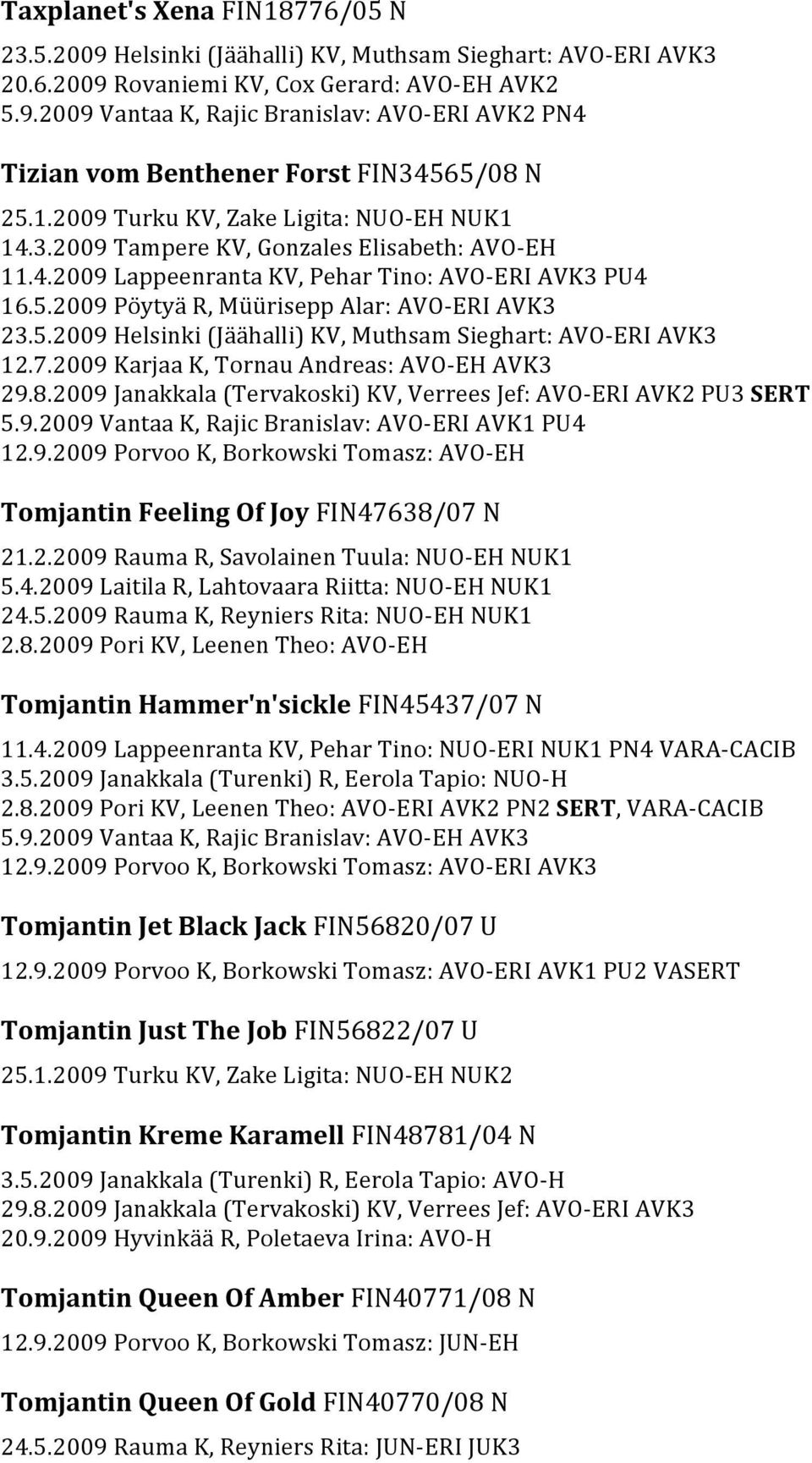 2009 Pü0ï2ytyü0è1 R, M risepp Alar: AVO-ü0à2 \ERI AVK3 23.5.2009 Helsinki (Jü0è1ü0è1halli) KV, Muthsam Sieghart: AVO-ü0à2 \ERI AVK3 12.7.2009 Karjaa K, Tornau Andreas: AVO-ü0à2 \EH AVK3 29.8.