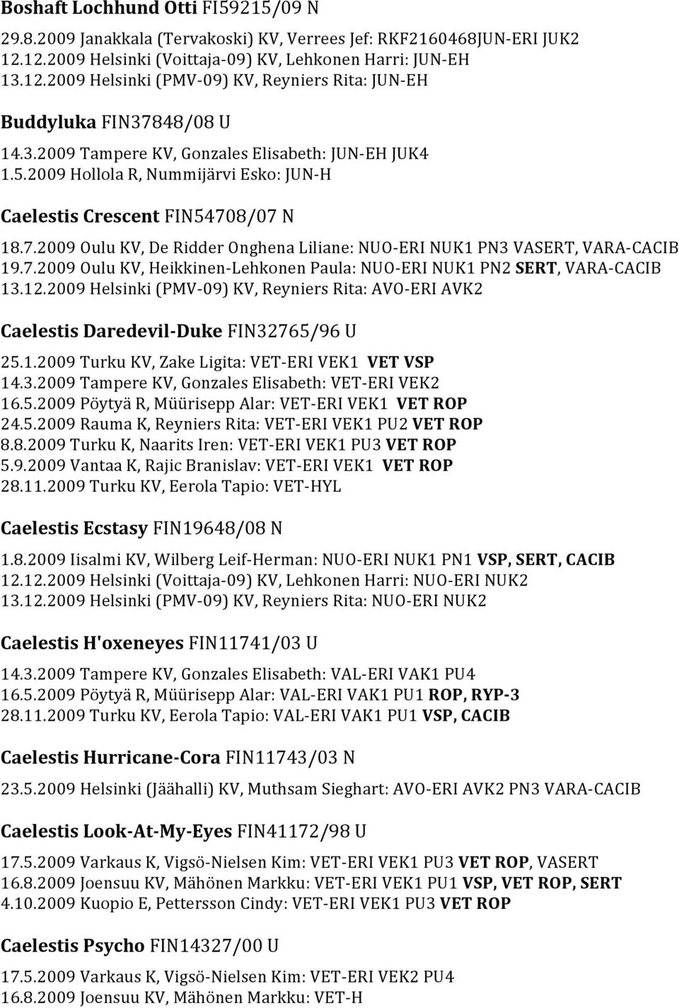 5.2009 Hollola R, Nummijü0è1rvi Esko: JUN-ü0à2 \H Caelestis Crescent FIN54708/07 N 18.7.2009 Oulu KV, De Ridder Onghena Liliane: NUO-ü0à2 \ERI NUK1 PN3 VASERT, VARA-ü0à2 \CACIB 19.7.2009 Oulu KV, Heikkinen-ü0à2 \Lehkonen Paula: NUO-ü0à2 \ERI NUK1 PN2 SERT, VARA-ü0à2 \CACIB 13.