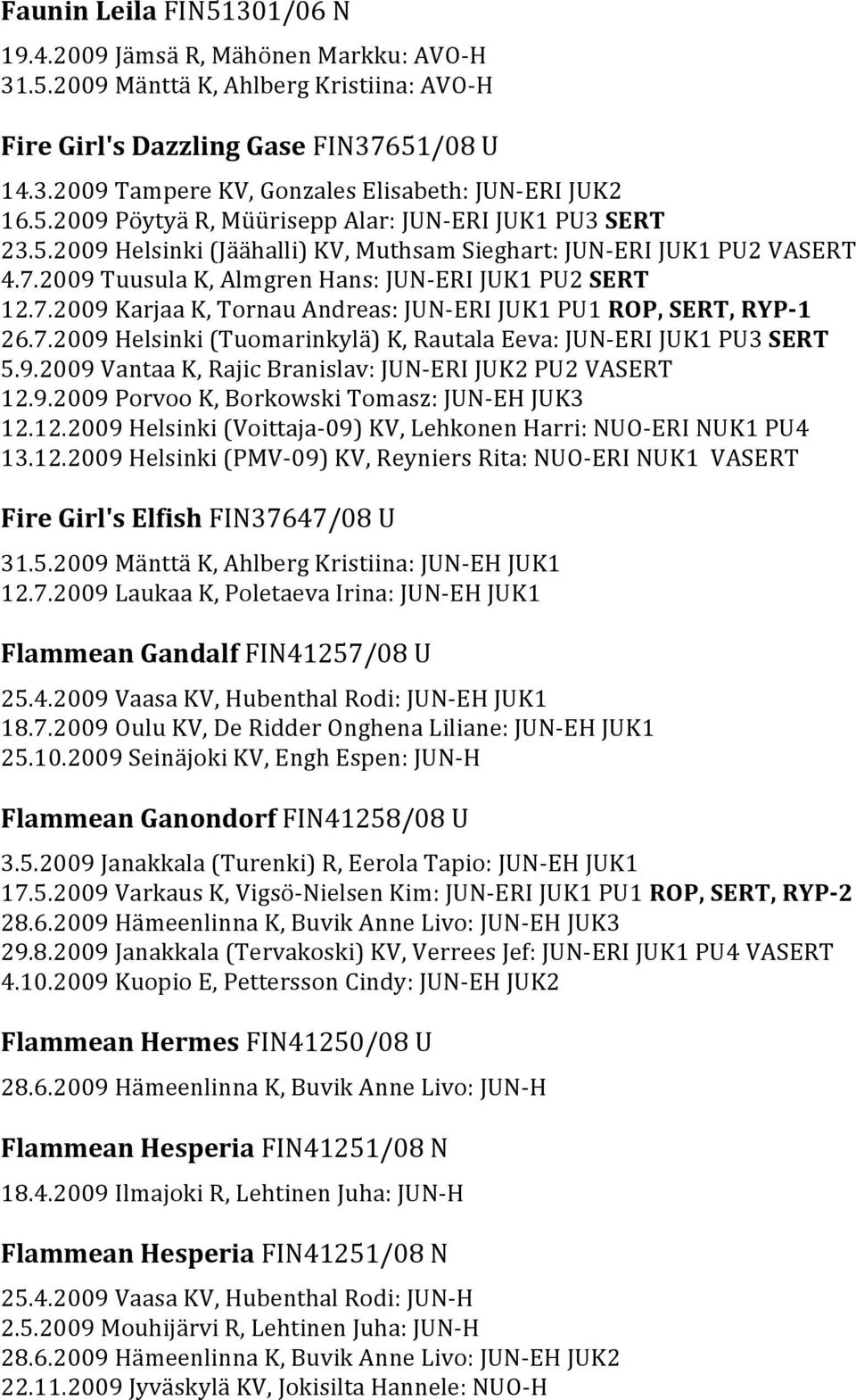 2009 Tuusula K, Almgren Hans: JUN-ü0à2 \ERI JUK1 PU2 SERT 12.7.2009 Karjaa K, Tornau Andreas: JUN-ü0à2 \ERI JUK1 PU1 ROP, SERT, RYP-1 26.7.2009 Helsinki (Tuomarinkylü0è1) K, Rautala Eeva: JUN-ü0à2 \ERI JUK1 PU3 SERT 5.