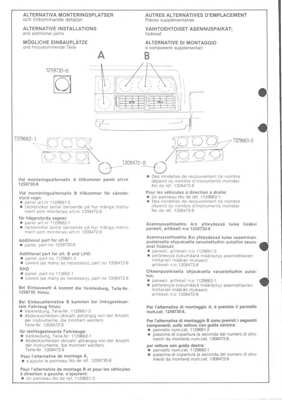 nr 59730 8 Vid monteringsalternativ B tillkommer f 0 r v 0 nster styrd vagn: panel art.nr 966 3 t 0 ckbrickor (antal beroende p 0 hur m 0 nga instrument som monteras) art.