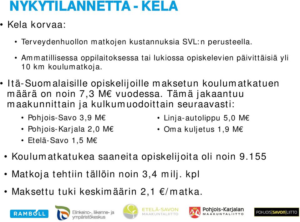 Itä-Suomalaisille opiskelijoille maksetun koulumatkatuen määrä on noin 7,3 M vuodessa.