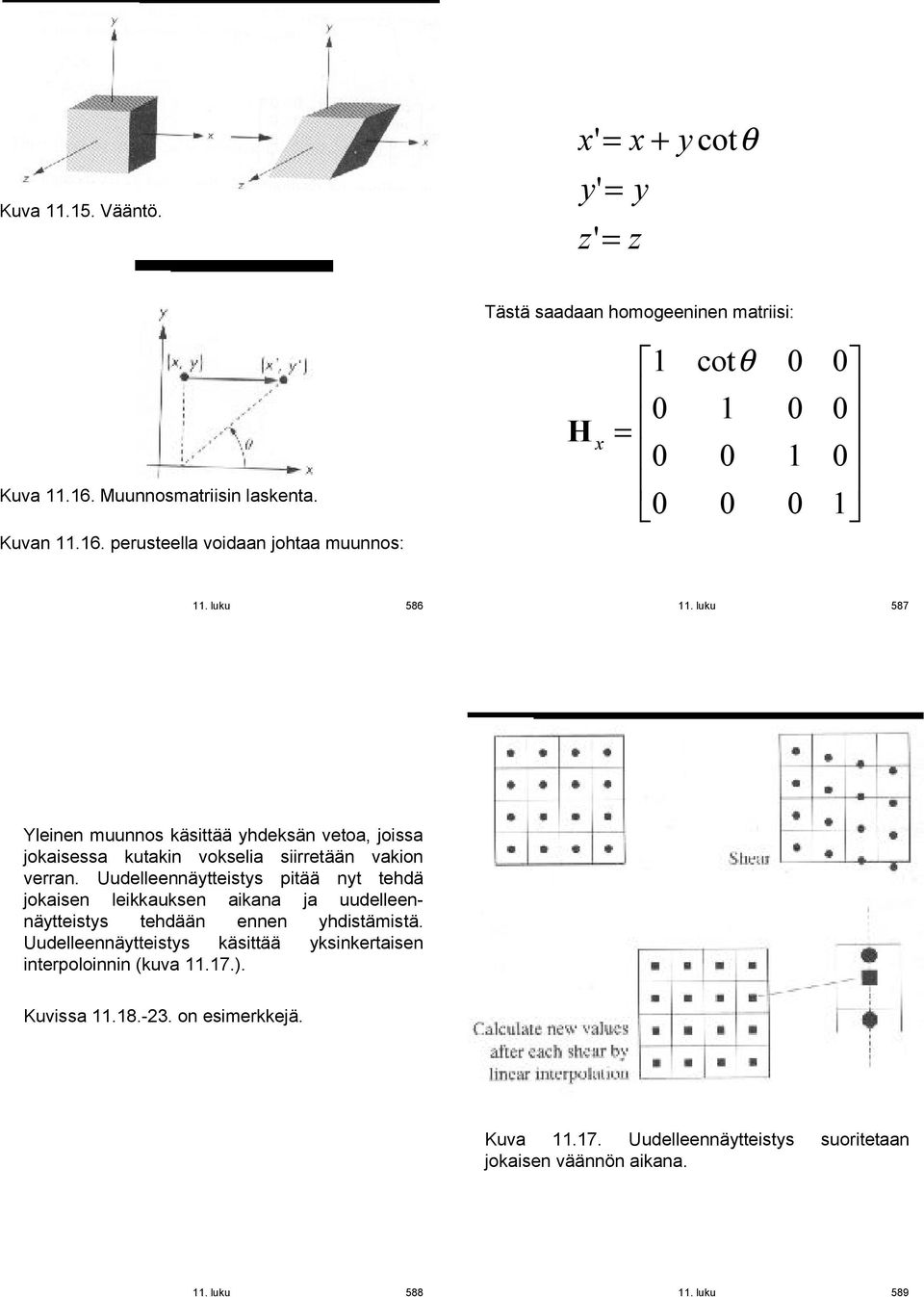 perusteella voidaan johtaa muunnos: H x = 1 cotθ 1 1 1 586 587 Yleinen muunnos käsittää yhdeksän vetoa, joissa jokaisessa kutakin vokselia siirretään