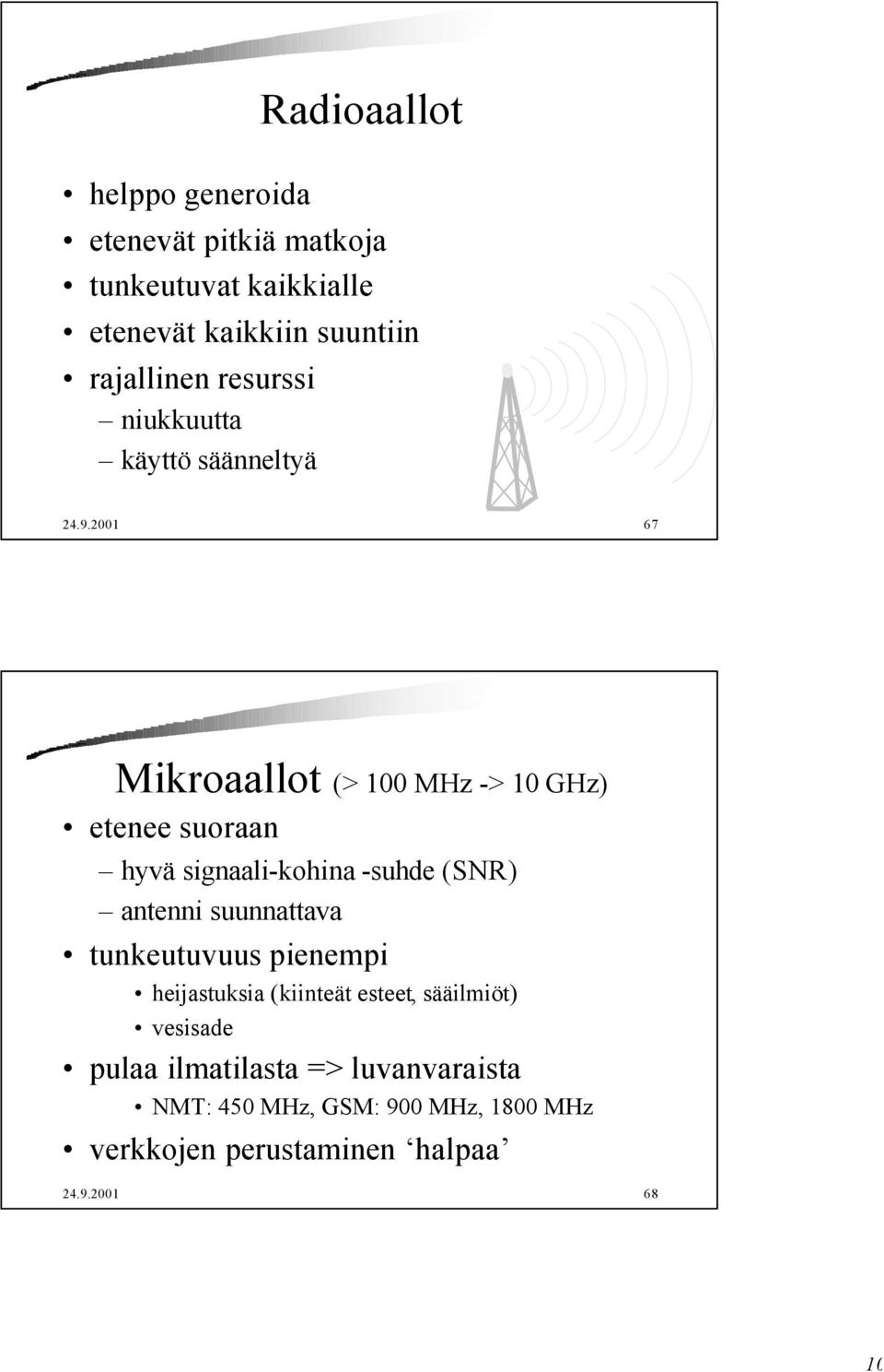 2001 67 Mikroaallot (> 100 MHz -> 10 GHz) etenee suoraan hyvä signaali-kohina -suhde (SNR) antenni suunnattava