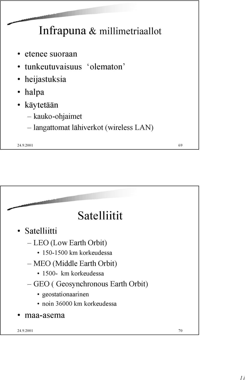 2001 69 Satelliitti Satelliitit LEO (Low Earth Orbit) 150-1500 km korkeudessa MEO (Middle Earth