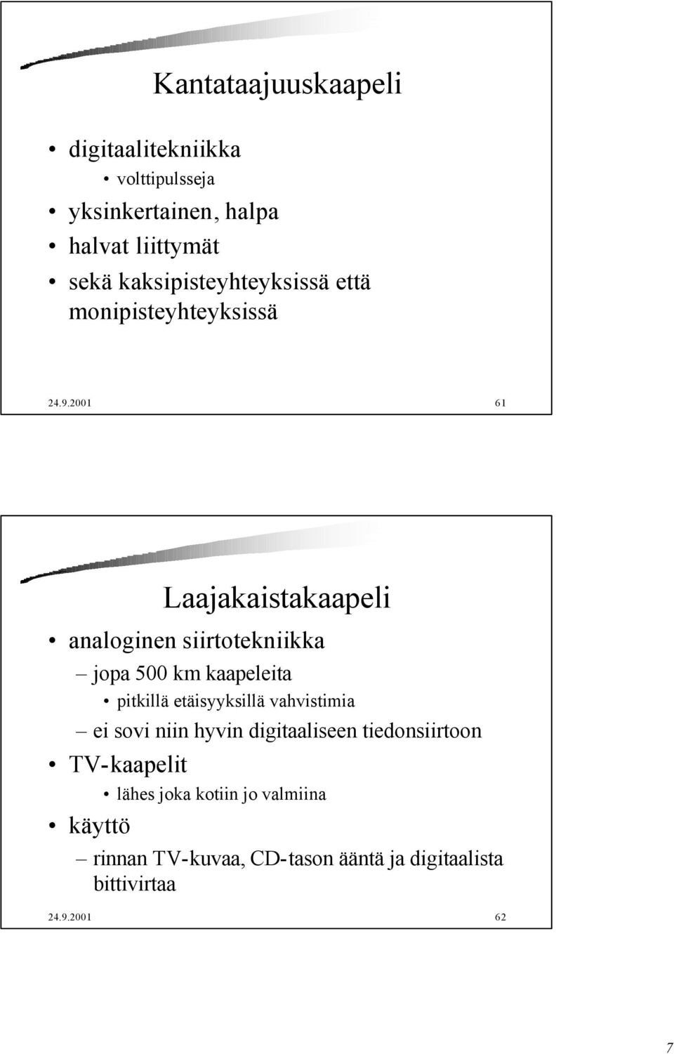 2001 61 Laajakaistakaapeli analoginen siirtotekniikka jopa 500 km kaapeleita pitkillä etäisyyksillä