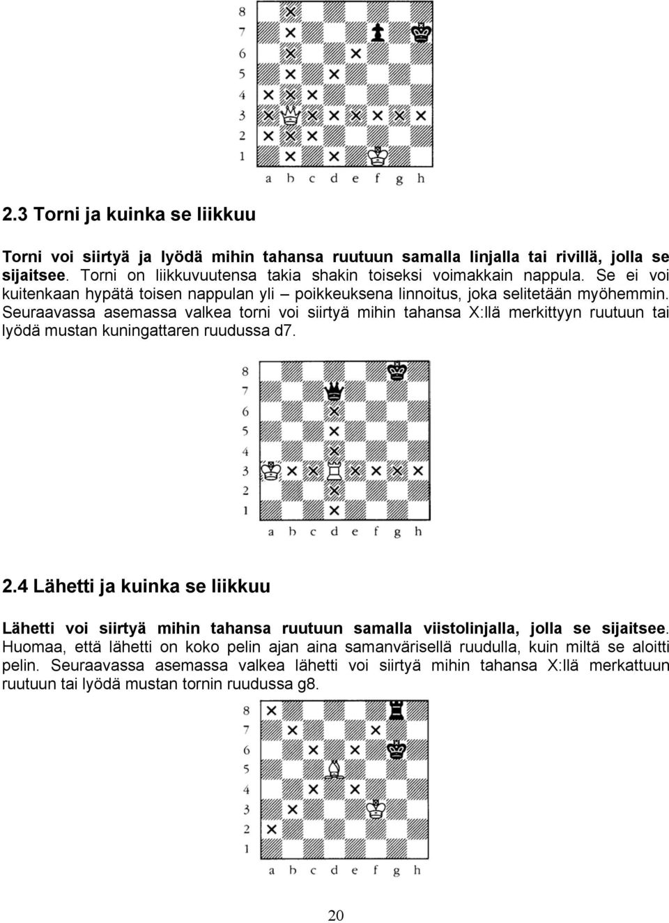 Seuraavassa asemassa valkea torni voi siirtyä mihin tahansa X:llä merkittyyn ruutuun tai lyödä mustan kuningattaren ruudussa d7. 2.