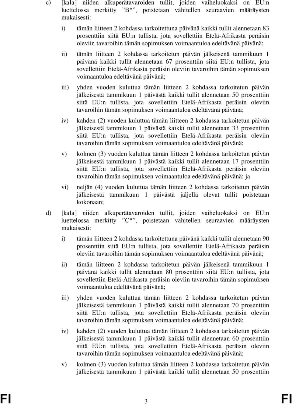 kaikki tullit alennetaan 67 prosenttiin siitä EU:n tullista, jota sovellettiin Etelä-Afrikasta peräisin oleviin tavaroihin tämän sopimuksen voimaantuloa edeltävänä päivänä; iii) iv) yhden vuoden