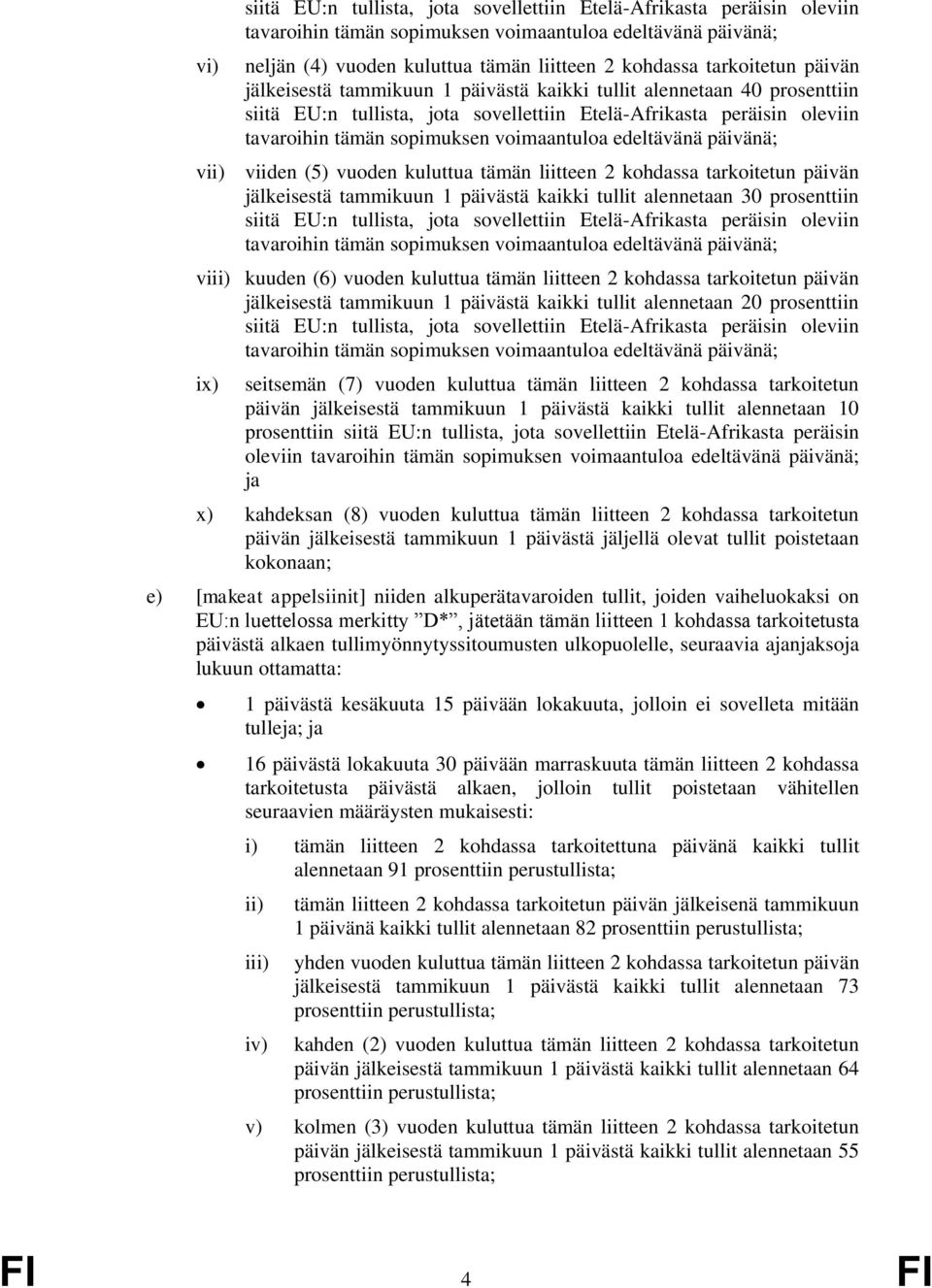 tammikuun 1 päivästä kaikki tullit alennetaan 20 prosenttiin ix) seitsemän (7) vuoden kuluttua tämän liitteen 2 kohdassa tarkoitetun päivän jälkeisestä tammikuun 1 päivästä kaikki tullit alennetaan