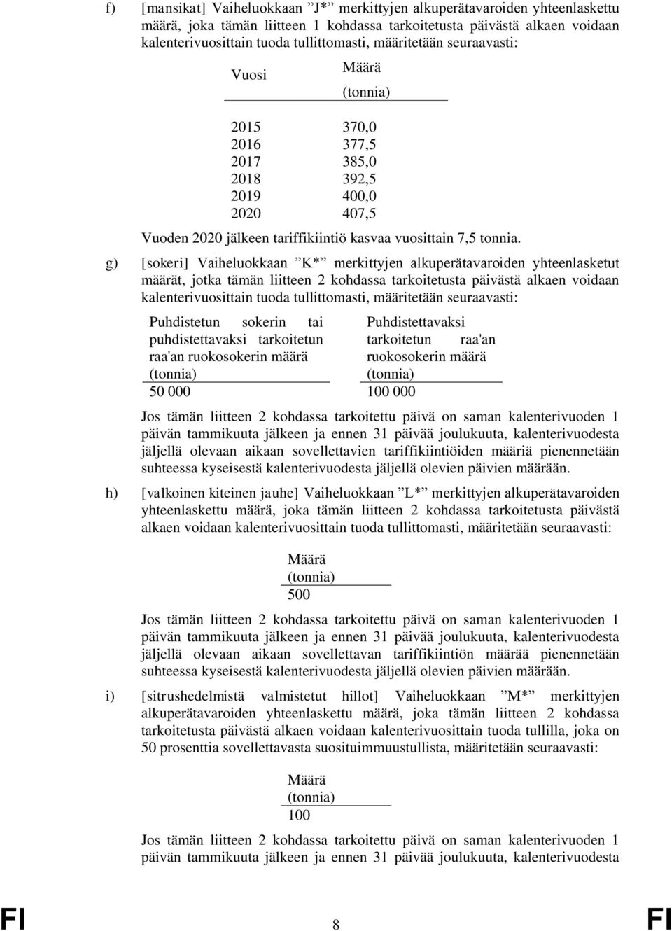 g) [sokeri] Vaiheluokkaan K* merkittyjen alkuperätavaroiden yhteenlasketut määrät, jotka tämän liitteen 2 kohdassa tarkoitetusta päivästä alkaen voidaan kalenterivuosittain tuoda tullittomasti,