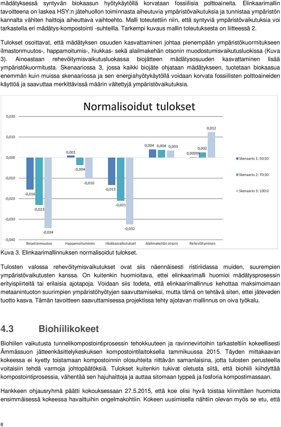 Malli toteutettiin niin, että syntyviä ympäristövaikutuksia voi tarkastella eri mädätys-kompostointi -suhteilla. Tarkempi kuvaus mallin toteutuksesta on liitteessä 2.