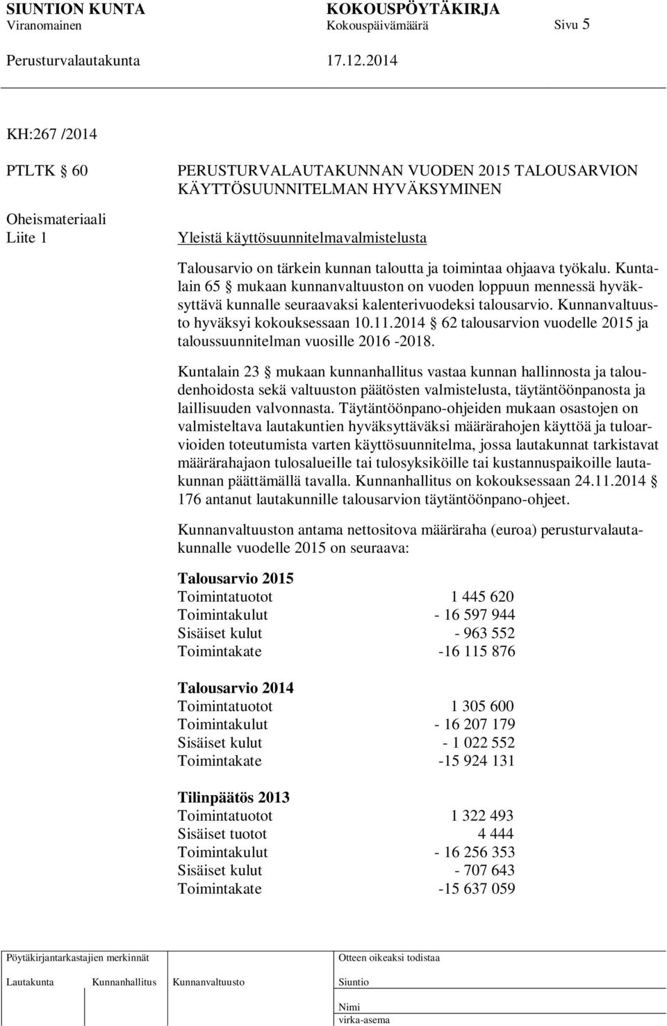 Kunnanvaltuusto hyväksyi kokouksessaan 10.11.2014 62 talousarvion vuodelle 2015 ja taloussuunnitelman vuosille 2016-2018.