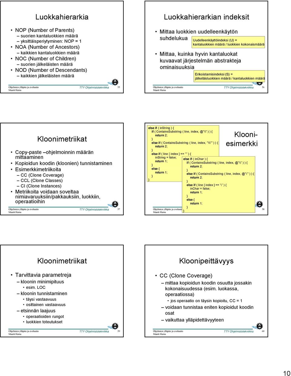 kokonaismäärä Mittaa, kuinka hyvin kantaluokat kuvaavat järjestelmän abstrakteja ominaisuuksia Erikoistamisindeksi (S) = jälkeläisluokkien määrä / kantaluokkien määrä 55 56 Kloonimetriikat Copy-paste