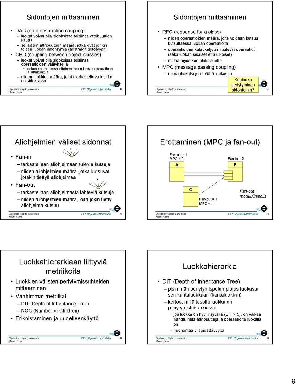 attribuuttiin niiden luokkien määrä, joihin tarkasteltava luokka on sidoksissa 49 Sidontojen mittaaminen RFC (response for a class) niiden operaatioiden määrä, joita voidaan kutsua kutsuttaessa