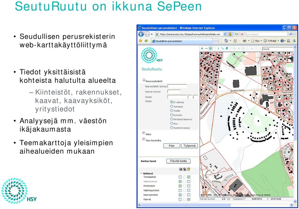Kiinteistöt, rakennukset, kaavat, kaavayksiköt, yritystiedot Analyysejä mm.