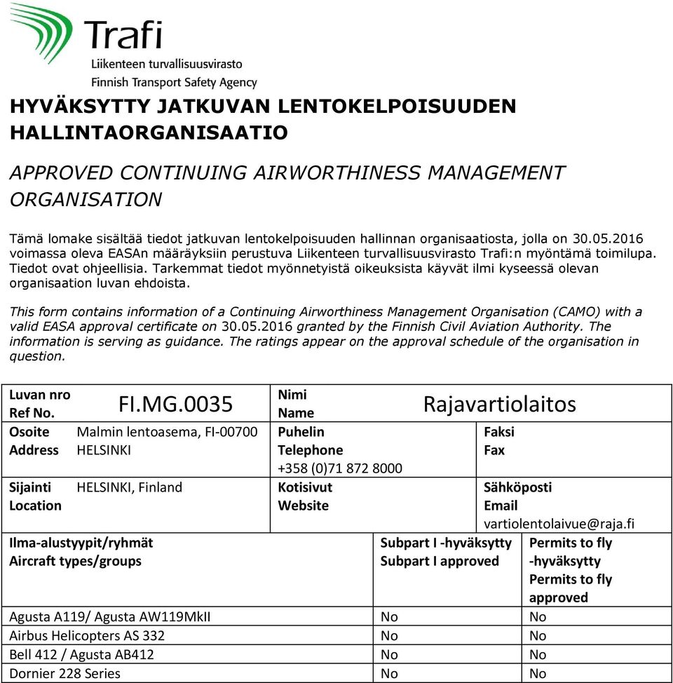 0035 Osoite Malmin lentoasema, FI-00700 Address HELSINKI HELSINKI, Finland +358 (0)71 872 8000 Rajavartiolaitos Agusta