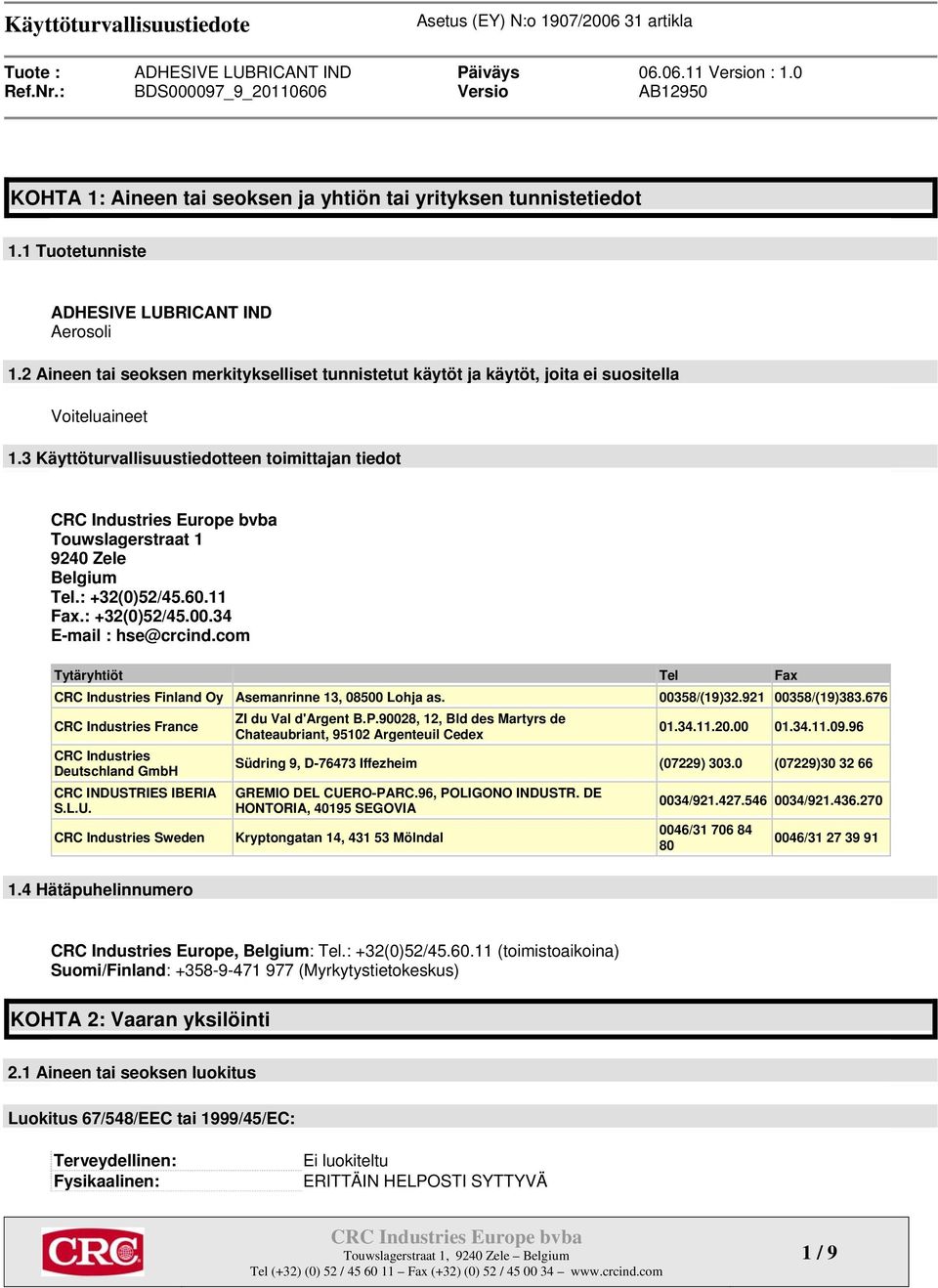 : +32(0)52/45.60.11 Fax.: +32(0)52/45.00.34 E-mail : hse@crcind.com Tytäryhtiöt Tel Fax CRC Industries Finland Oy Asemanrinne 13, 08500 Lohja as. 00358/(19)32.921 00358/(19)383.