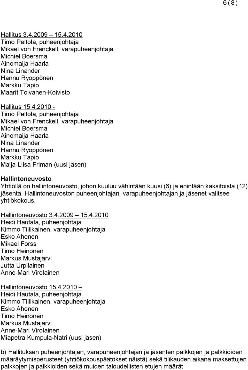 2010 Timo Peltola, puheenjohtaja Mikael von Frenckell, varapuheenjohtaja Michiel Boersma Ainomaija Haarla Nina Linander Hannu Ryöppönen Markku Tapio Maarit Toivanen-Koivisto Hallitus 15.4.