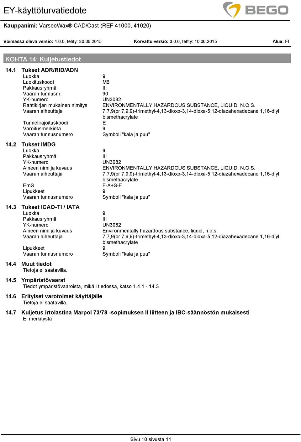 SUBSTANCE, LIQUID, N.O.S. Vaaran aiheuttaja 7,7,9(or 7,9,9)trimethyl4,13dioxo3,14dioxa5,12diazahexadecane 1,16diyl bismethacrylate Tunnelirajoituskoodi E Varoitusmerkintä 9 Vaaran tunnusnumero Symboli "kala ja puu" 14.
