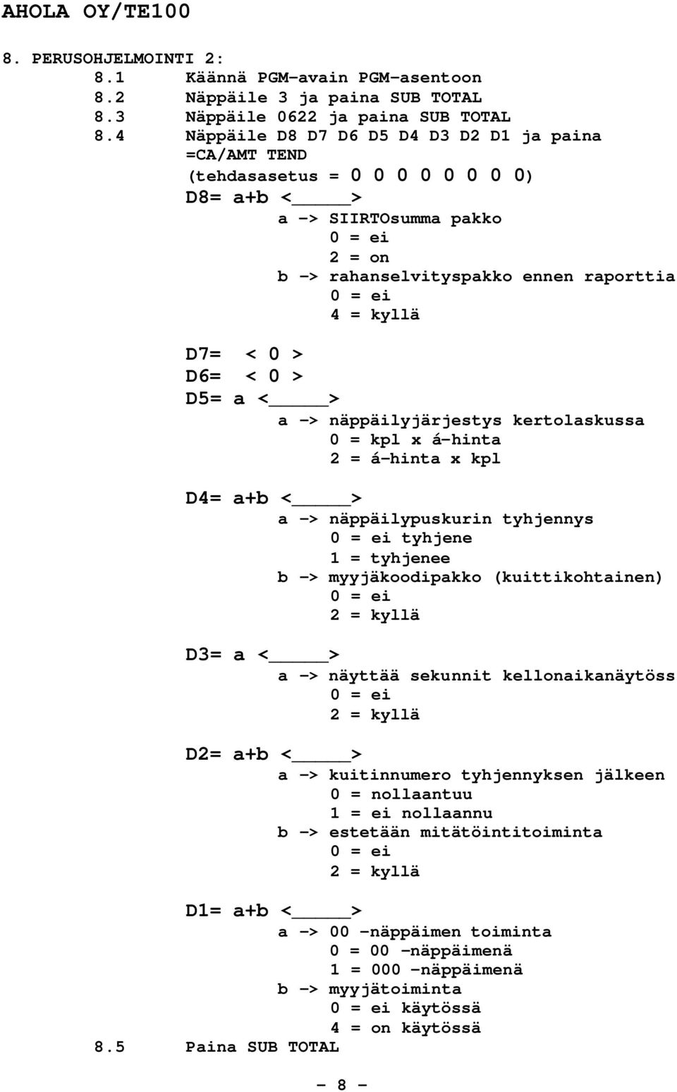 < 0 > D6= < 0 > D5= a < > a -> näppäilyjärjestys kertolaskussa 0 = kpl x á-hinta 2 = á-hinta x kpl D4= a+b < > a -> näppäilypuskurin tyhjennys 0 = ei tyhjene 1 = tyhjenee b -> myyjäkoodipakko