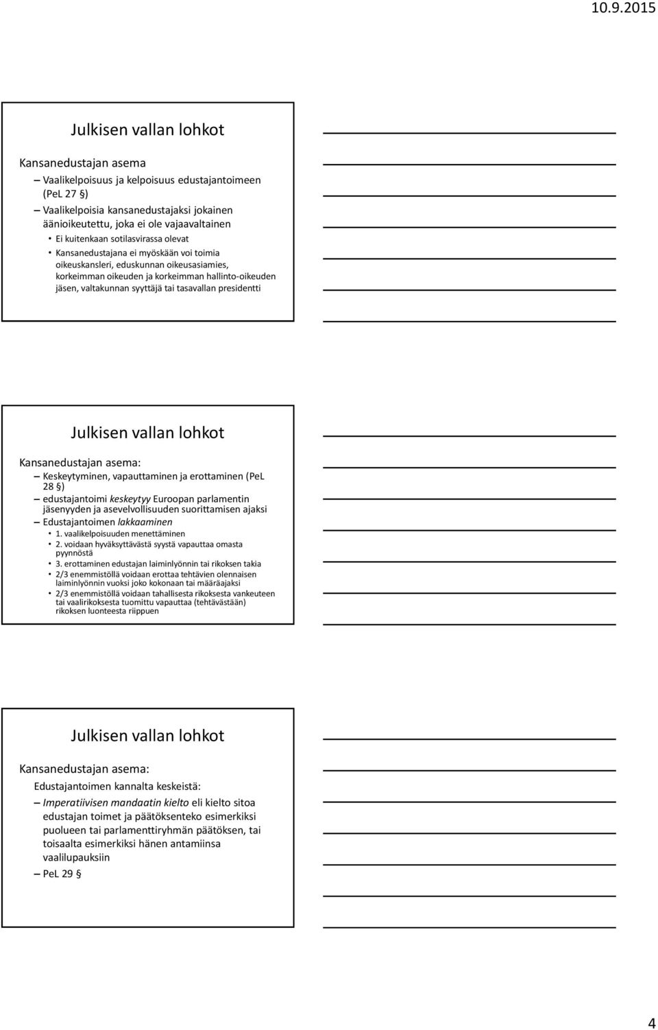 Kansanedustajan asema: Keskeytyminen, vapauttaminen ja erottaminen (PeL 28 ) edustajantoimi keskeytyy Euroopan parlamentin jäsenyyden ja asevelvollisuuden suorittamisen ajaksi Edustajantoimen