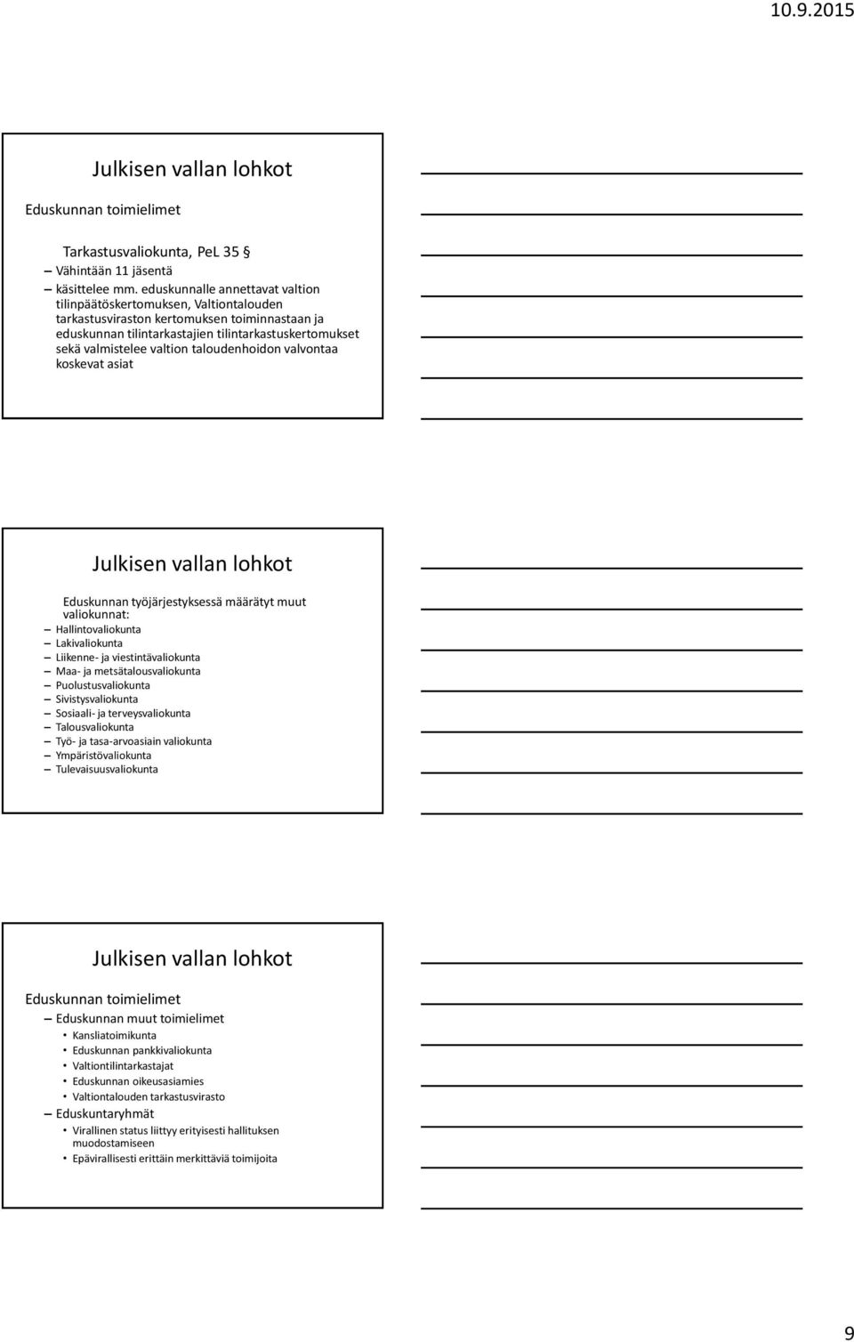 taloudenhoidon valvontaa koskevat asiat Eduskunnan työjärjestyksessä määrätyt muut valiokunnat: Hallintovaliokunta Lakivaliokunta Liikenne- ja viestintävaliokunta Maa- ja metsätalousvaliokunta
