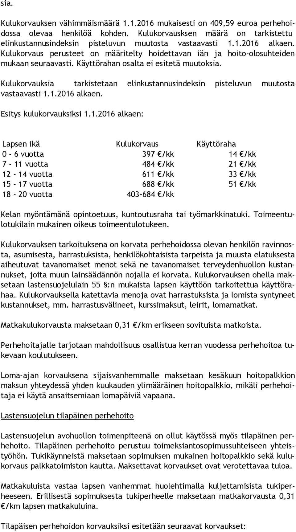 Kulukorvaus perusteet on määritelty hoidettavan iän ja hoi to-olo suh tei den mukaan seuraavasti. Käyttörahan osalta ei esitetä muutoksia.