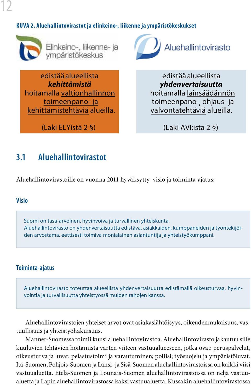 1 Aluehallintovirastot Aluehallintovirastoille on vuonna 2011 hyväksytty visio ja toiminta-ajatus: Visio Suomi on tasa-arvoinen, hyvinvoiva ja turvallinen yhteiskunta.