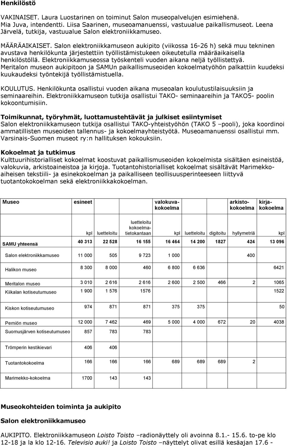 Salon elektroniikkamuseon aukipito (viikossa 16-26 h) sekä muu tekninen avustava henkilökunta järjestettiin työllistämistukeen oikeutetulla määräaikaisella henkilöstöllä.