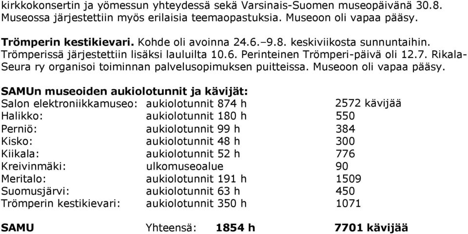 Rikala- Seura ry organisoi toiminnan palvelusopimuksen puitteissa. Museoon oli vapaa pääsy.