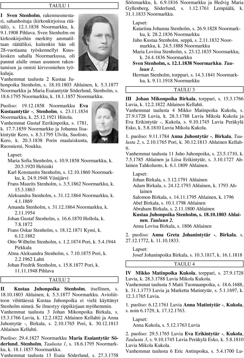 kirvesmiehen työkaluja. Vanhemmat taulusta 2 Kustaa Juhonpoika Stenholm, s. 18.10.1803 Ahlainen, k. 5.3.1877 Noormarkku ja Maria Esaiantytär Söderlund, Stenholm, s. 18.6.1795 Noormarkku, k. 18.1.1857 Noormarkku.