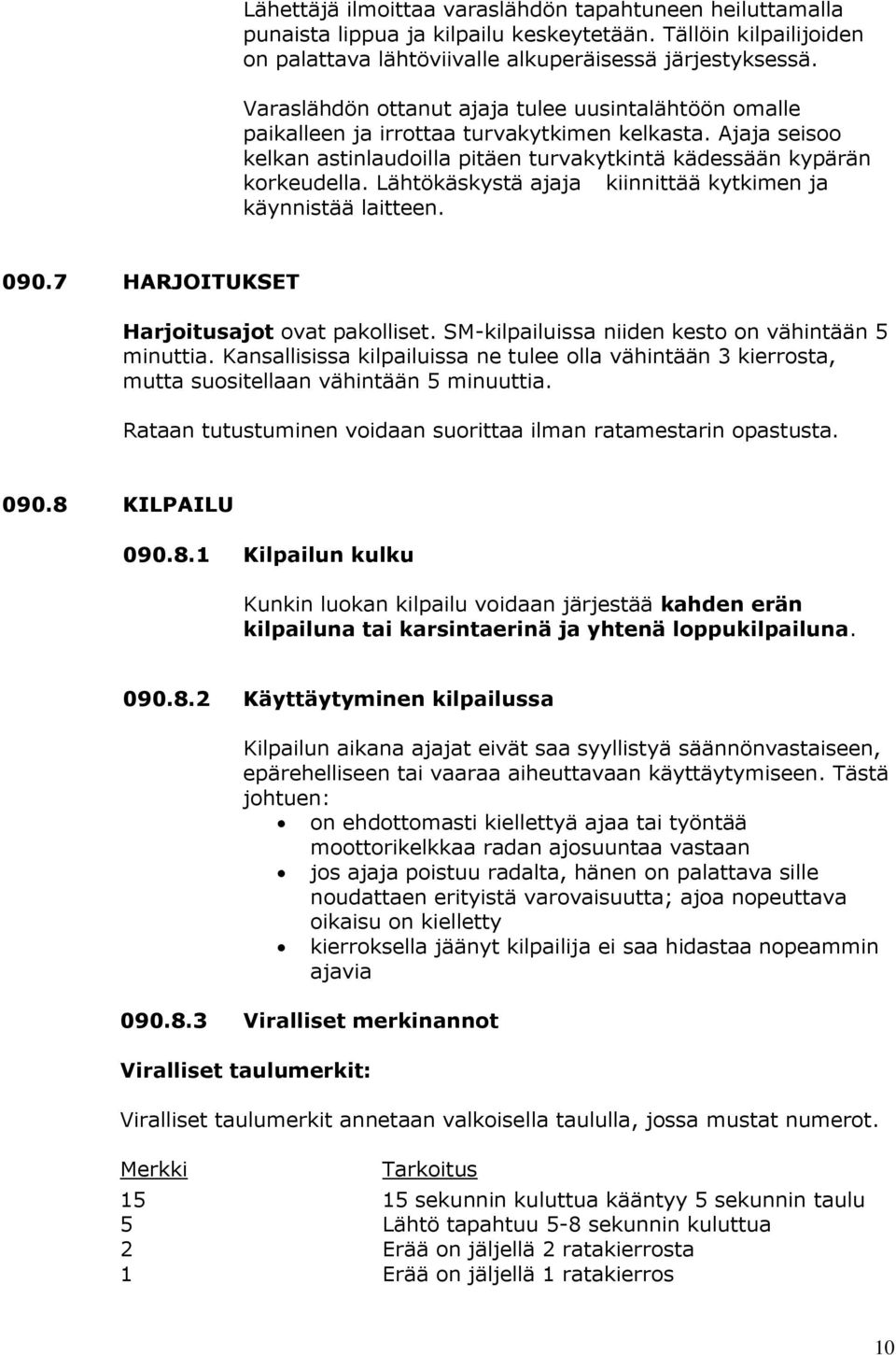 Lähtökäskystä ajaja kiinnittää kytkimen ja käynnistää laitteen. 090.7 HARJOITUKSET Harjoitusajot ovat pakolliset. SM-kilpailuissa niiden kesto on vähintään 5 minuttia.