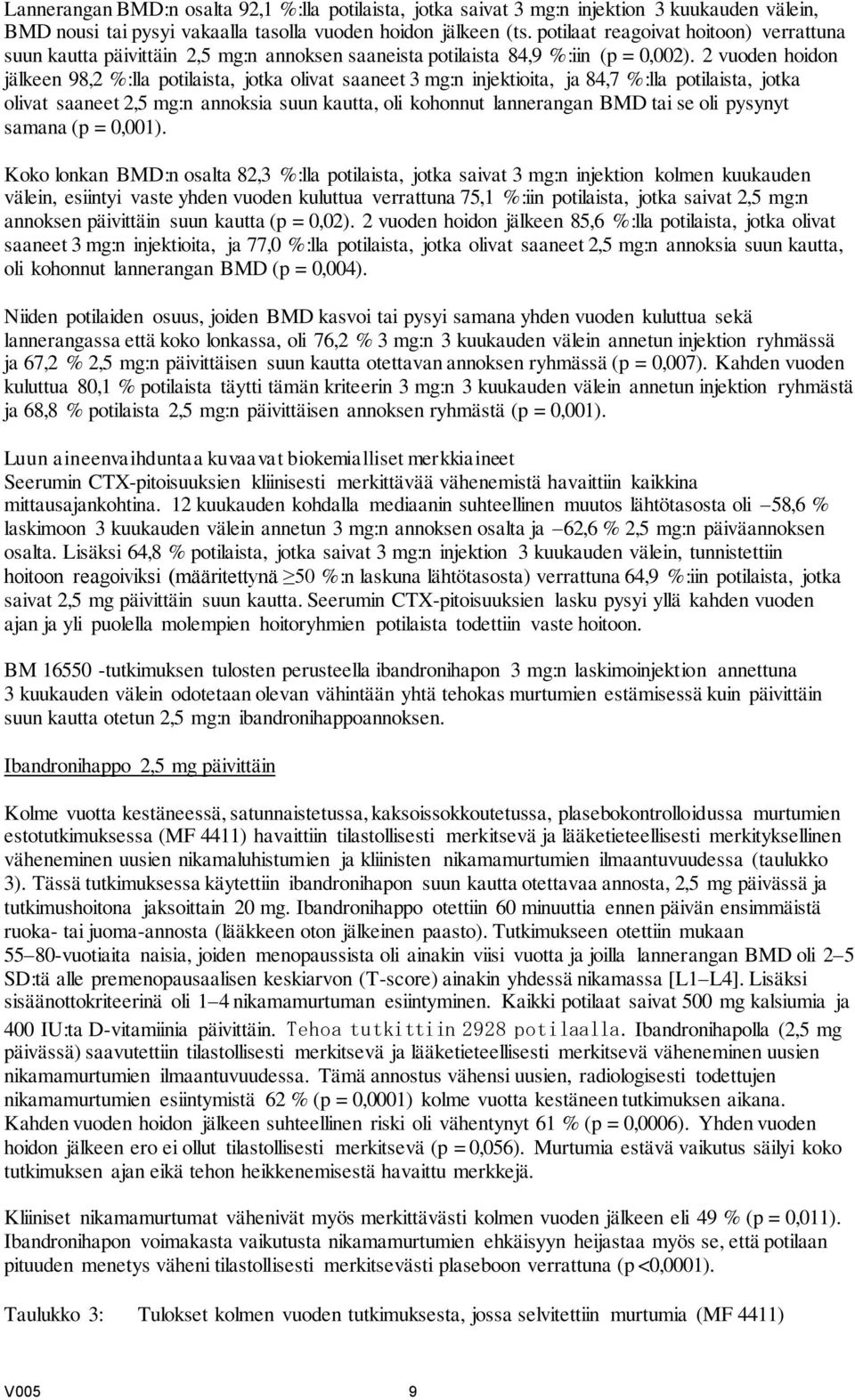 2 vuoden hoidon jälkeen 98,2 %:lla potilaista, jotka olivat saaneet 3 mg:n injektioita, ja 84,7 %:lla potilaista, jotka olivat saaneet 2,5 mg:n annoksia suun kautta, oli kohonnut lannerangan BMD tai